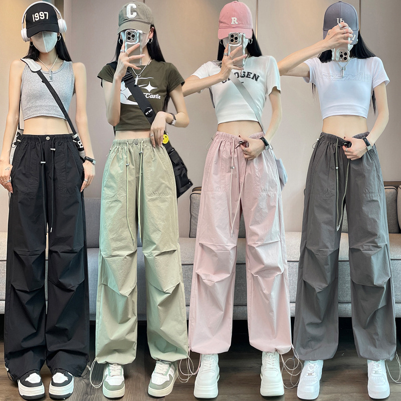 Real shot American quick-drying overalls women's 2024 summer thin ice silk cool sunscreen pants high waist wide leg paratrooper pants
