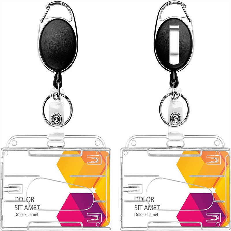 Spot retractable badge stainless steel oval easy pull buckle with hard horizontal and vertical plastic transparent ID card holder