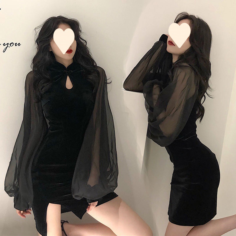 Slimming cheongsam autumn and winter new stand collar lantern sleeve high waist skirt split hip chiffon stitching velvet dress