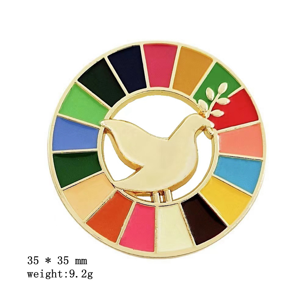Picture of United Nations peace pigeon brooch sustainable development goal medal representative geometric pattern 17 color oil dripping necklace