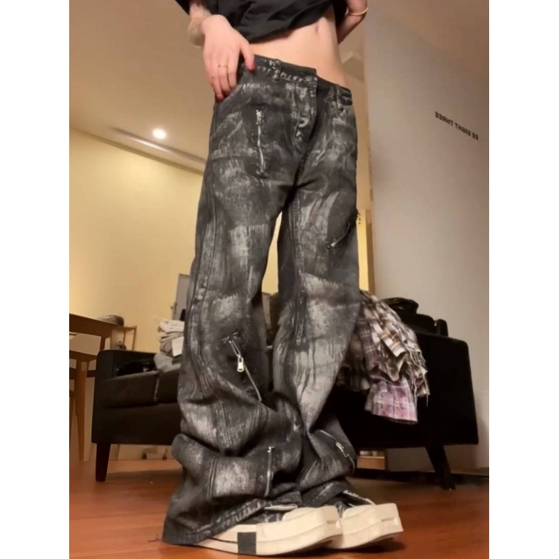 American Style Retro plus size Washed Color-Wiped Jeans Women's Street Straight Loose Slimming Wide-Leg Pants