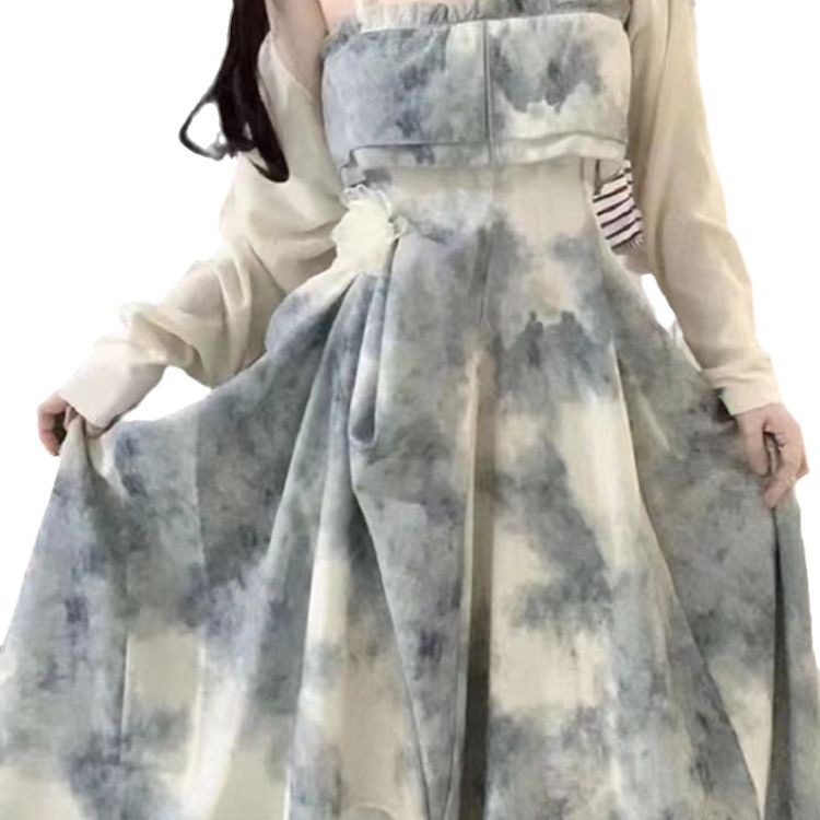 Picture of Retro ink painting chest-wrapped sling dress women's 2023 summer tea break off-neck high waist elegant sweet dress