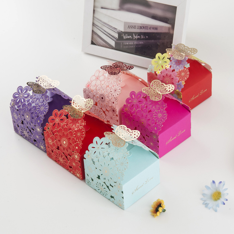 Picture of European-style New Candy Box Multicolor Hollow Petals Butterfly Box Wedding Candy Box Party Snack Packaging Box