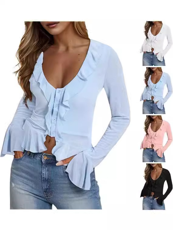 025 Cross-Border European and American Women's Clothing Y2K Style T-Shirt V-Neck Ruffle Bell Sleeve Button Cardigan Top Long Sleeve Shirt