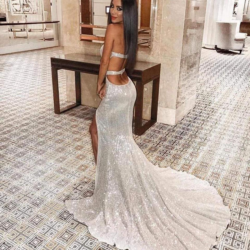2025 New Amazon European and American Cross-Border Women's Dress Color Tube Top Backless Sequined Fishtail Hem Dress for Women
