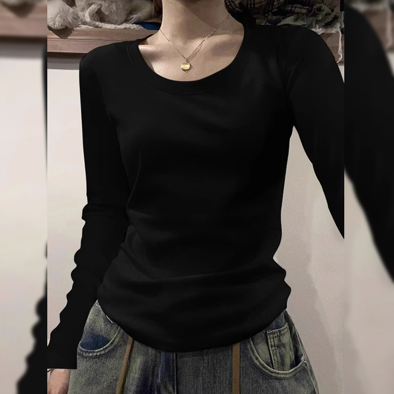 Picture of American Style Shoulder Long-Sleeved T-Shirt Women's Autumn and Winter Women's New U-Neck Slim-Fit Sanding Base Shirt Top for Women