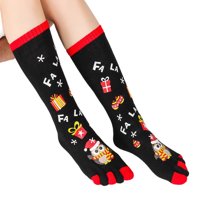 Five-Finger Socks Autumn and Winter Women's Long-Tube Cartoon Thickened Offset Printed Split-Toe Socks Warm and Sweat-Absorbent Amazon Cross-Border Christmas Socks