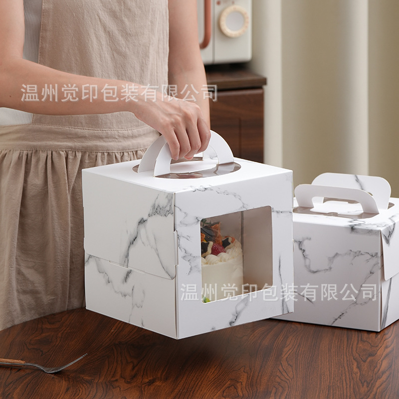 4-Inch 6inch 8inch Pack Marble Pattern Elevated Birthday Packaging Box with Handle, Thickened Mousse Cake Box in Stock