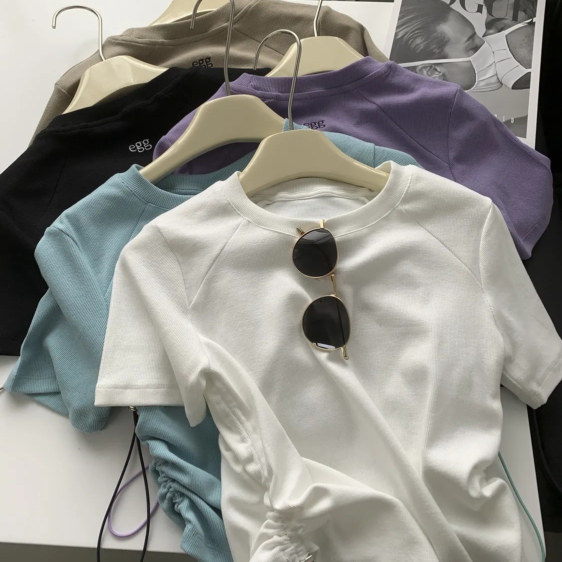 Waist Drawstring Short Threaded T-shirt Women's Summer New Slim-fit Slimming Fashionable All-match Rorlis Short-sleeved Top