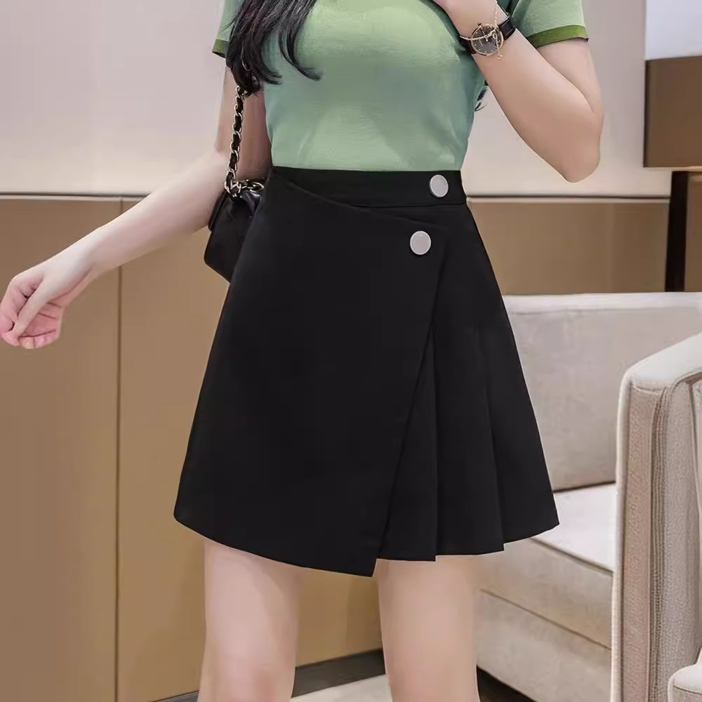 Women's Skirt Summer 2024 New High Waist Slimming Black Irregular Pleated Skirt Pants Anti-running Light One-piece Culottes