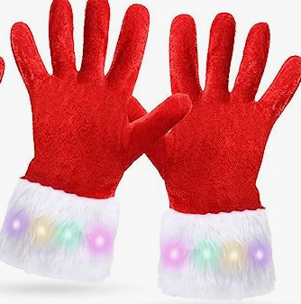 2023 Christmas Lights Gloves Golden Velvet Fur Edge Holiday Decorative Props Warm Gloves Christmas Gloves