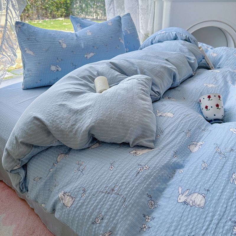 Picture of Class A Maternal and Infant Grade Fresh Small Zhu Cotton Four-piece Set Washed Cotton Bed Sheet Quilt Cover Three-piece Set for Student Dormitory