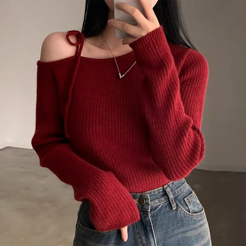 2024 Autumn and Winter Niche Retro Irregular Slant Collar Open Shoulder Lace-up Slim-fit Slimming All-match Long-sleeved Knitted Sweater for Women