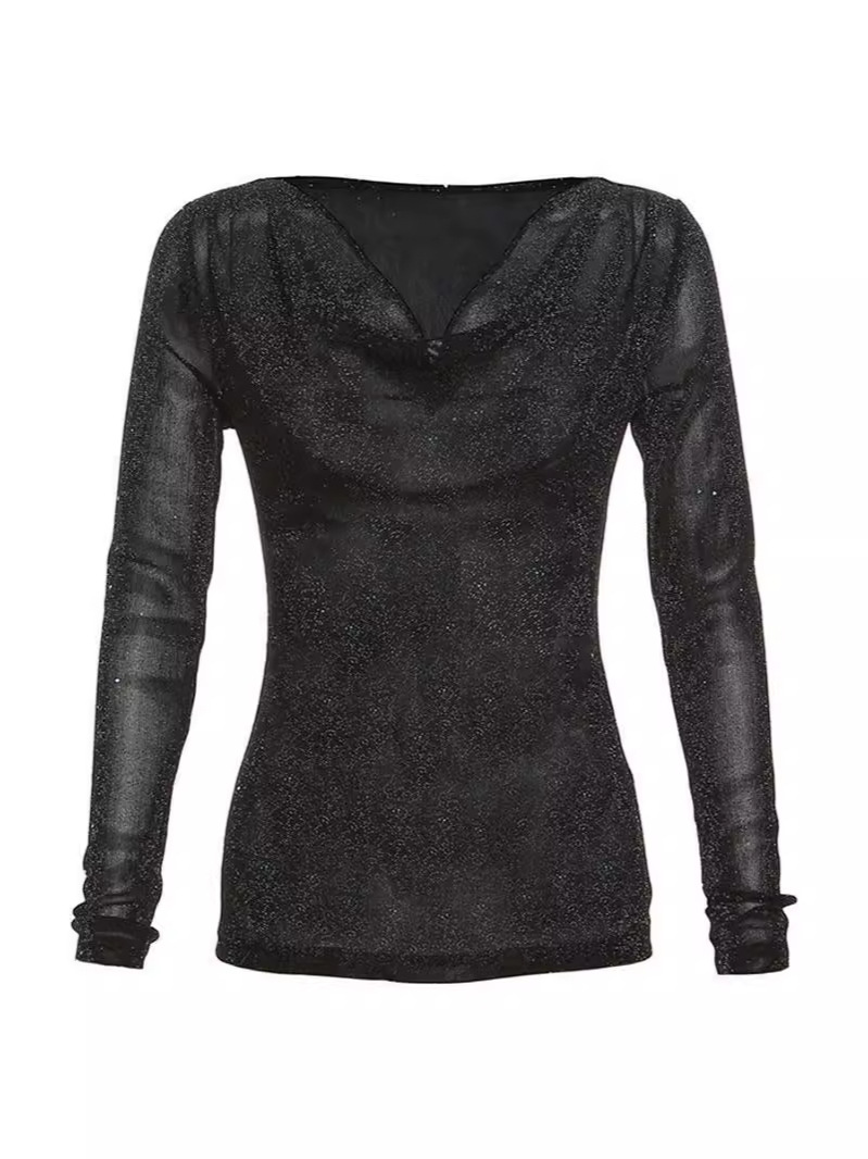 Picture of Original Fabric Unique and Chic Sequin Long-sleeved Women's Design Sense Fashion Micro-transparent Slim-fit Slimming Spice Girl Top Trendy