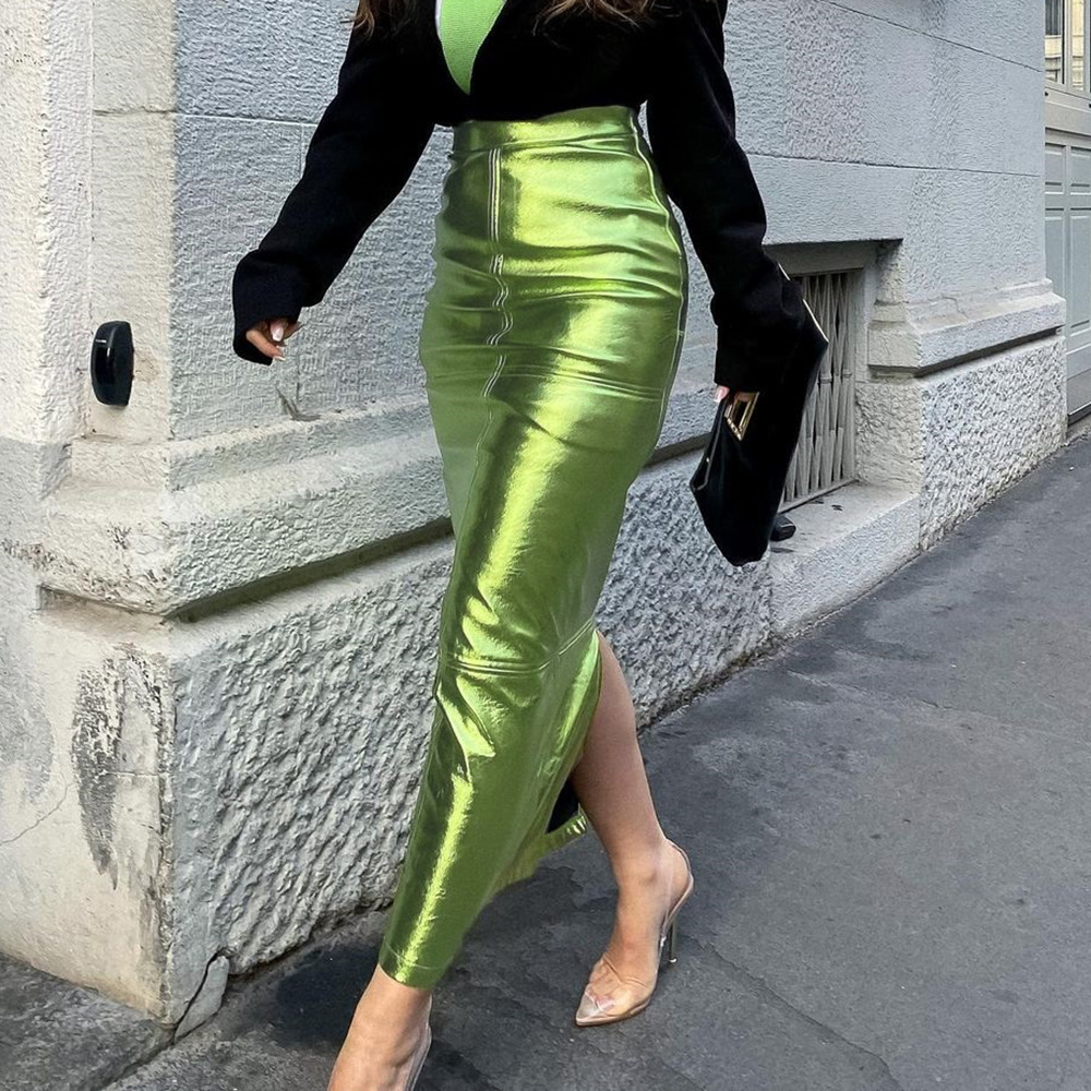 Amazon Cross-Border European and American Clothing 2025 Autumn New Sexy Hottie Fashion Metallic Slit Slim Skirt