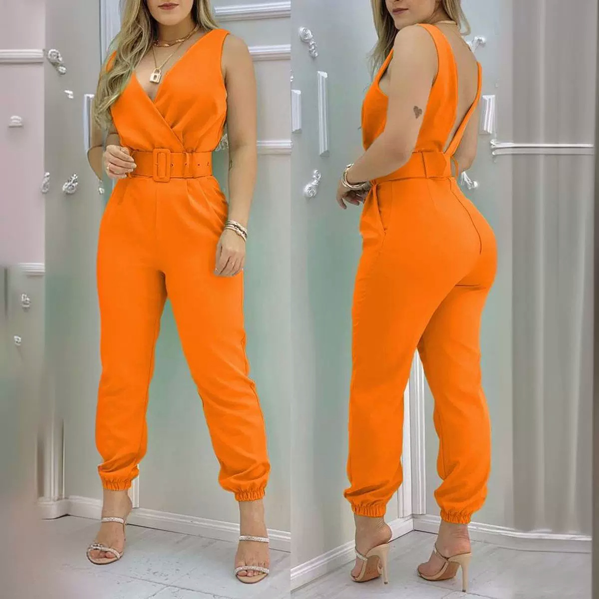 Picture of Spring and summer 2022 new independent station Europe and the United States cross-border V-neck backless printed high waist jumpsuit women (including Belt)