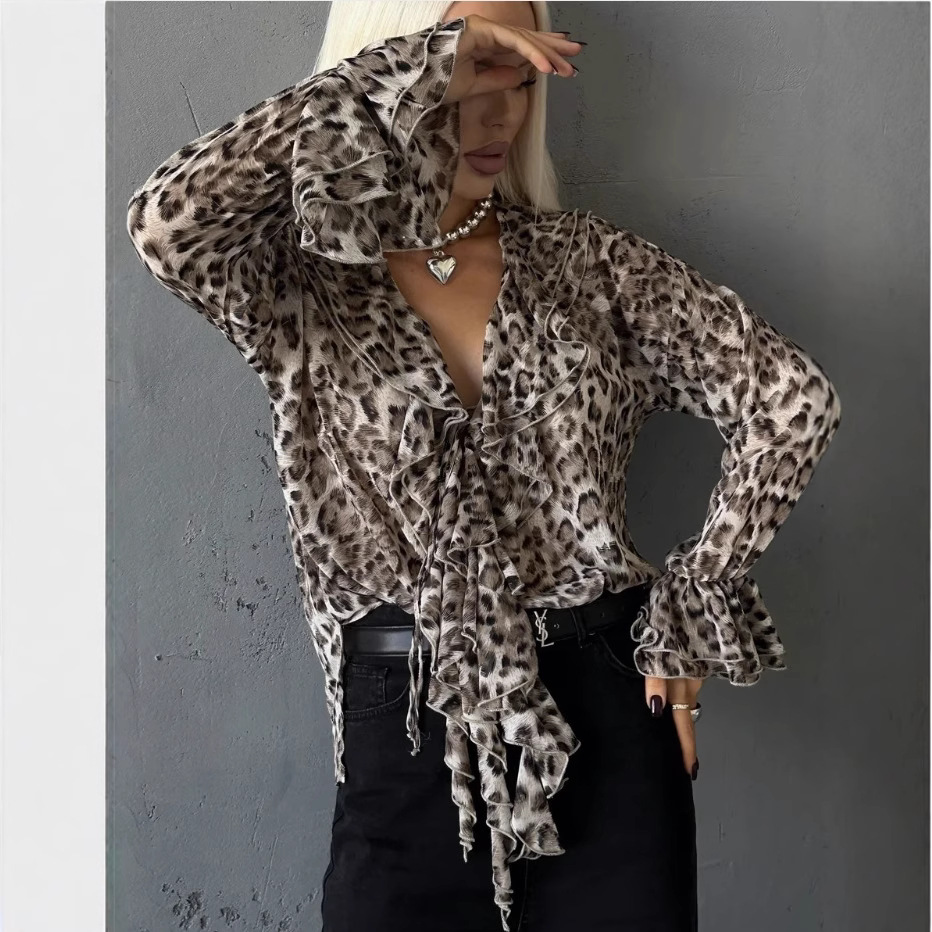 Picture of Spring European and American Style Cross-Border Women's New Fashion Ruffled Bell Sleeves V Neck Lace-Up Cross-Border Shirts for Women