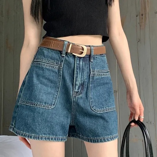 High Waist Denim Shorts Women's Summer New Korean Style Slim Look Fashionable Design Wash Pocket Wide Leg A- line Hot Pants