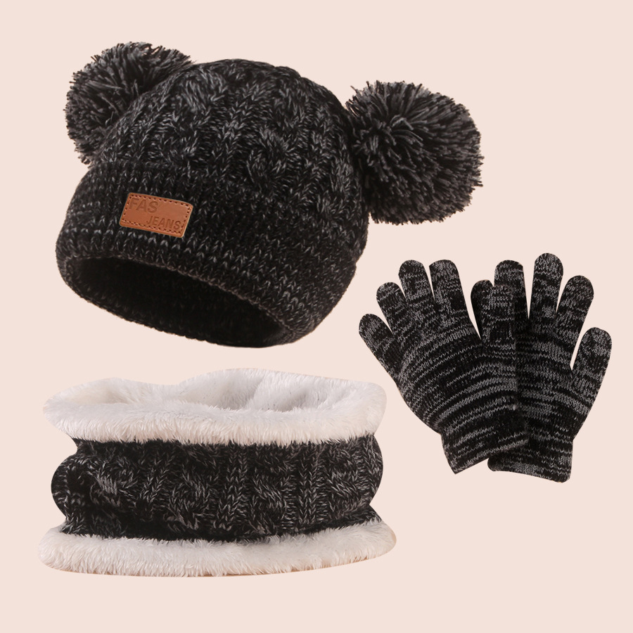 Picture of European and American leather label knitted children's hat scarf gloves three-piece winter baby hat warm children's wool hat