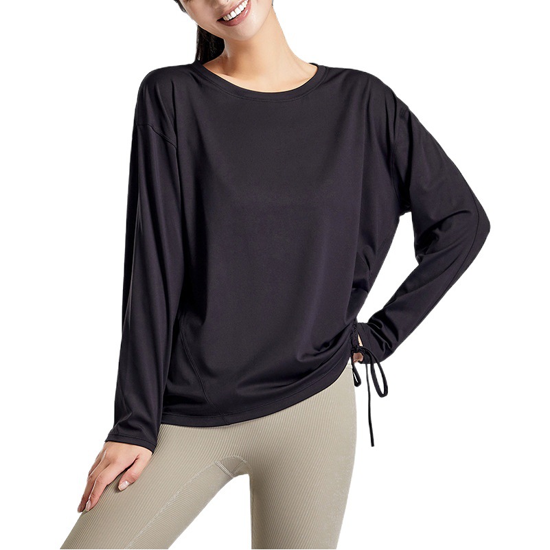 Drawstring quick-drying yoga clothes women's breathable long sleeve slimming running workout clothes loose sports top autumn Pilates