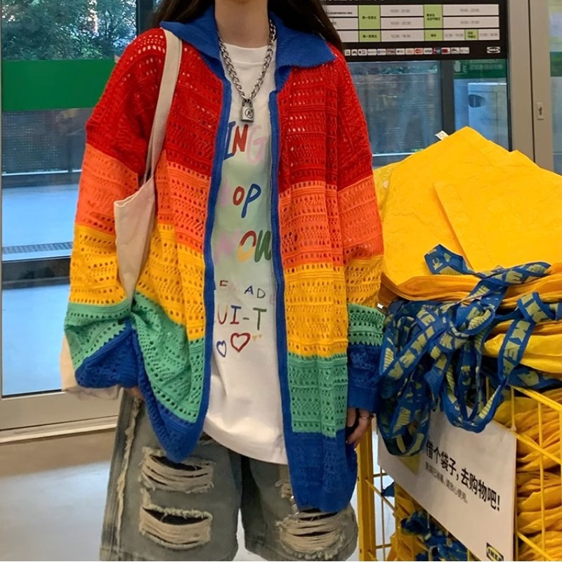 Color Stitching Sweater Women's Spring and Autumn Dopamine Wear Retro Loose Lazy Hollow Knitted Cardigan Top Coat
