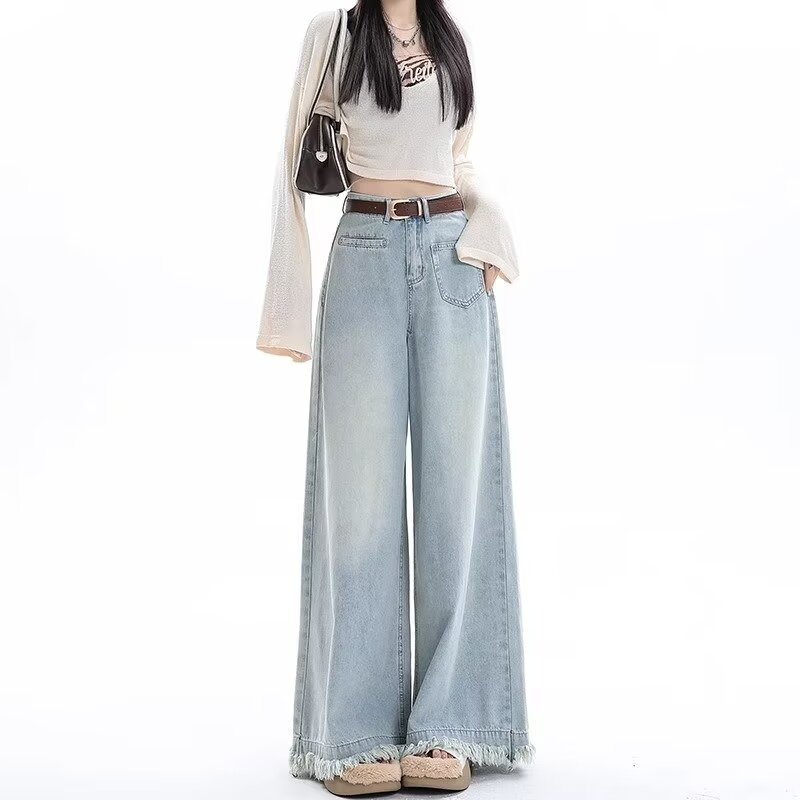 Woolen Wide Leg Jeans Women's Summer 2024 New High Waist Loose light blue Design Niche Drain Trousers