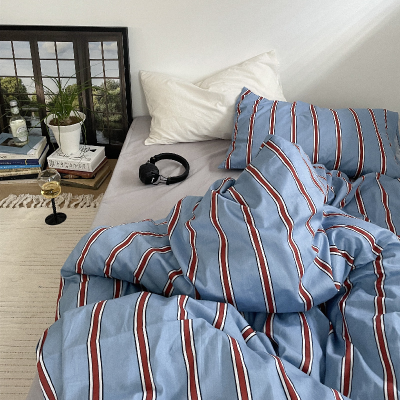 Picture of ins Same Style Simple Striped Cotton Bed Four-piece Set Pure Cotton Bed Sheet Quilt Cover Bedclothes Student Three-piece Set