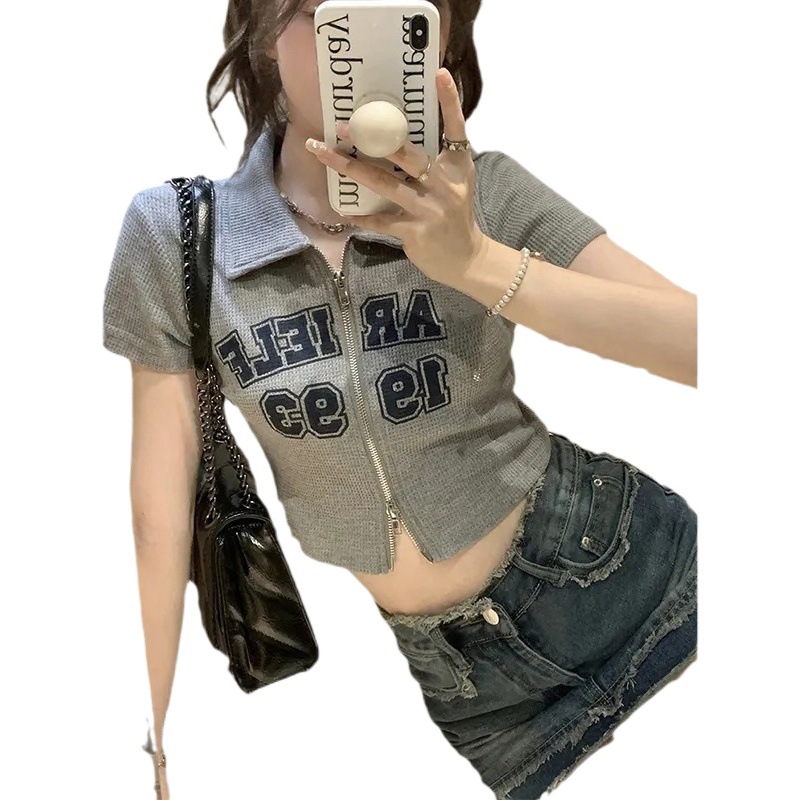 Waffled Polo Collar Short-sleeved T-shirt Women's Spring and Summer American Style Retro Letter Printed Short Zipper Cardigan Top