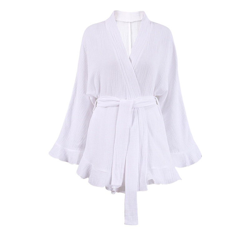 Spring European and American Long-Sleeved Pajamas Crepe Cotton Fashion Ruffled Nightgown Shorts Set Loose Cross-Border Home Clothes for Women