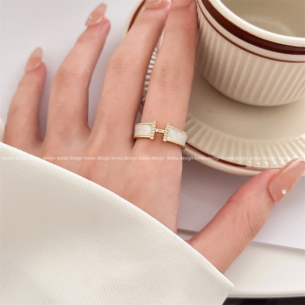Temperament Full Diamond Fritillary Letter H Open Ring Fashion Personalized Niche Light Luxury Finger Ring Adjustable Ring