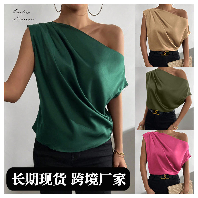 Picture of 2025 Spring Solid Color Satin Simulated Silk Irregular Sloping Shoulder One-Neck Pullover Sleeveless Shirt Women's European and American Clothing