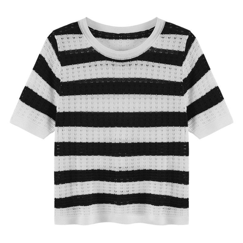 Striped Knit Short-Sleeve T-Shirt for Women, 2025 Summer New Korean Style Unique and Chic Student Top, Short Trendy Ins Style