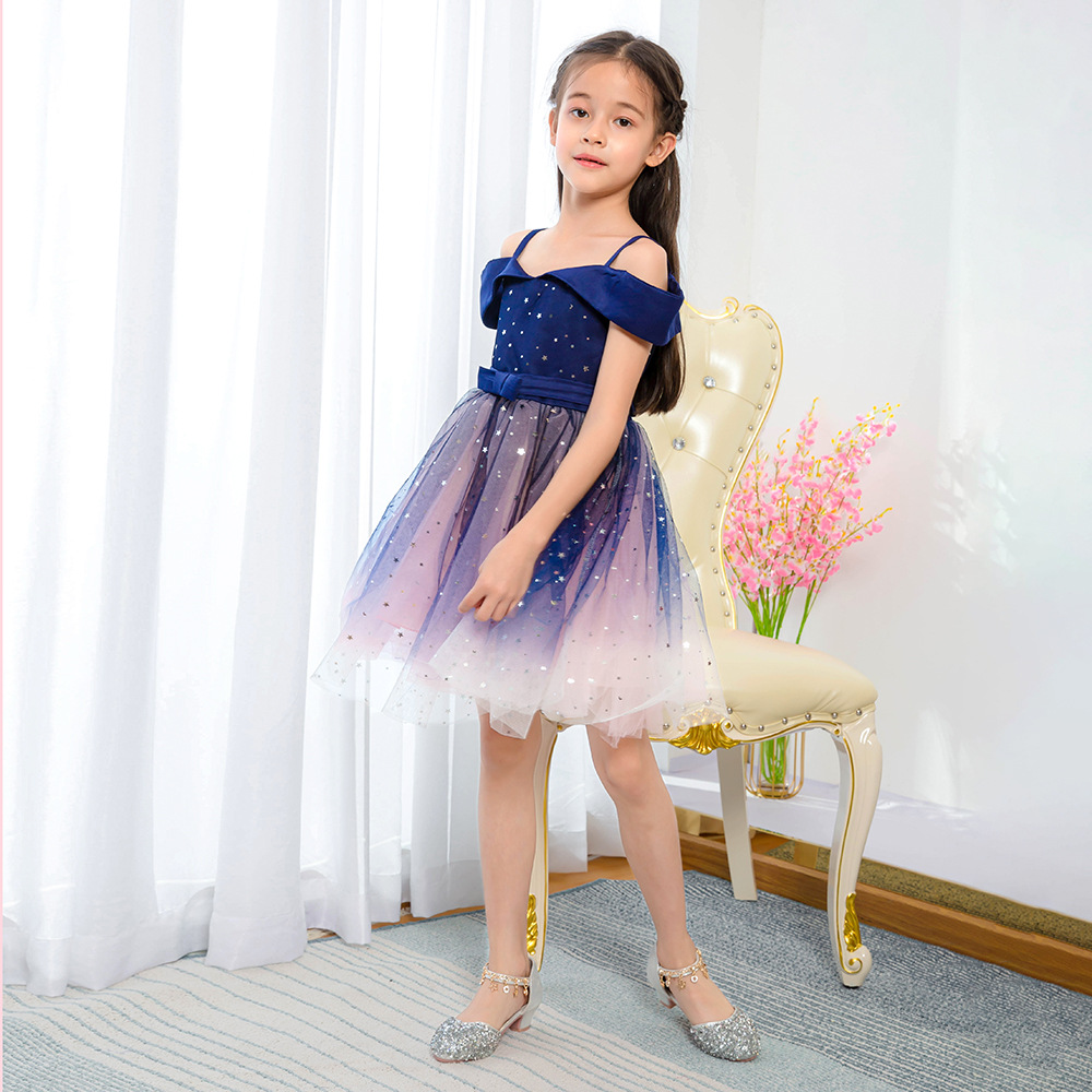 Picture of European and American New Summer Girls' Dress Starry Sky Sequined Tutu Skirt One-Shoulder Off-Shoulder Children's Dress Princess Dress