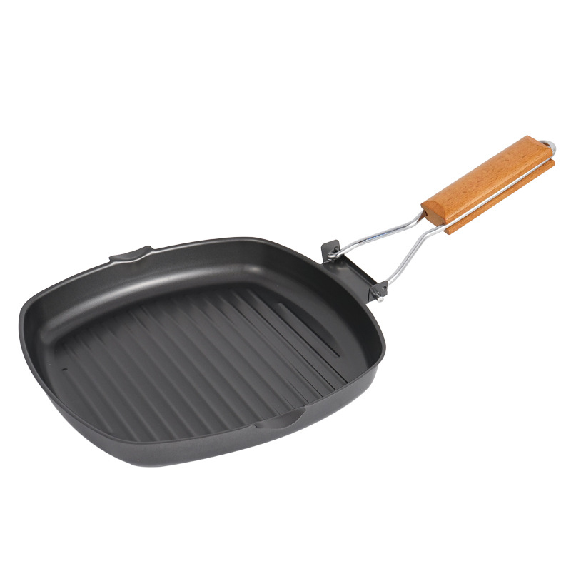 Picture of Outdoor Barbecue Plate Picnic Foldableable Portable Pot Frying Pan Cast Iron Pot Baking Pan Anti-Scalding Wooden Handle Double Mouth Deep Steak Pot