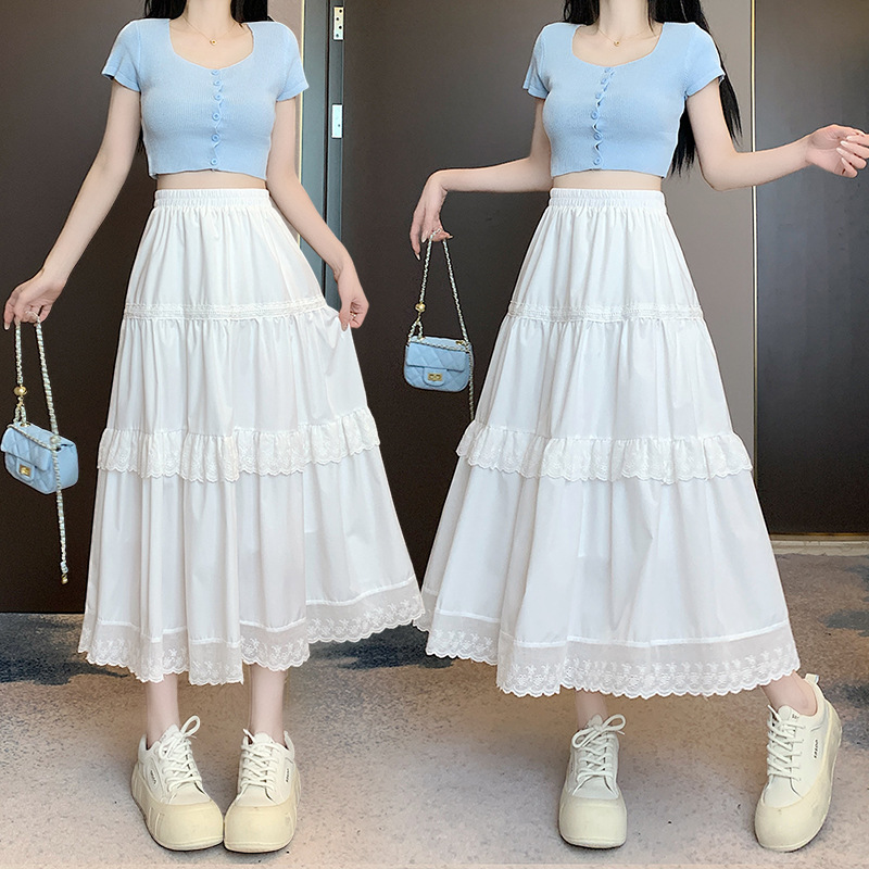 Japanese sweet white skirt 2024 spring new high waist mid-length A- line slimming cake skirt fairy skirt