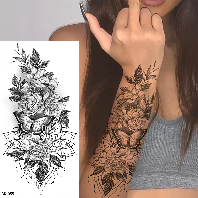 Picture of Cross-Border Supply of Sketch Flower Tattoo Stickers, Sketch Tattoo Stickers, Rose Flower Black and White Flower Tattoo