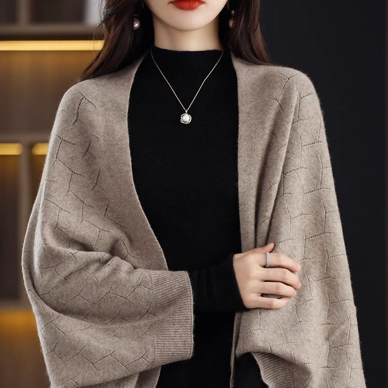 High Luxury Boutique Wool Knitted Shawl Scarf Dual-use Autumn and Winter New Solid Color Loose All-match Outer Cape Cardigan