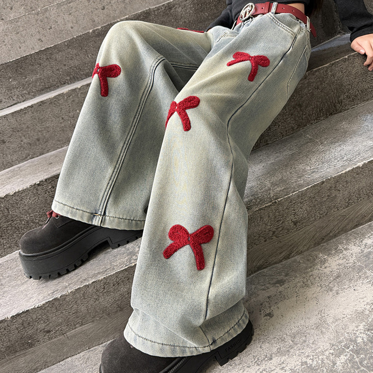 Picture of Girls' Spring Jeans 2025 New Korean Style Middle and Big Children's Fashionable Towel Embroidered Wide Leg Pants Trendy Trousers