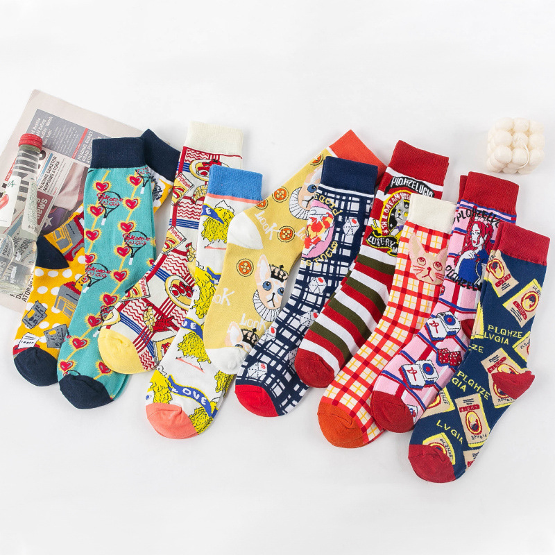Picture of OLITA French Illustration Cartoon Artistic Plaid Women's High-rise Japanese Style Retro Casual Cute Socks Ins Trendy
