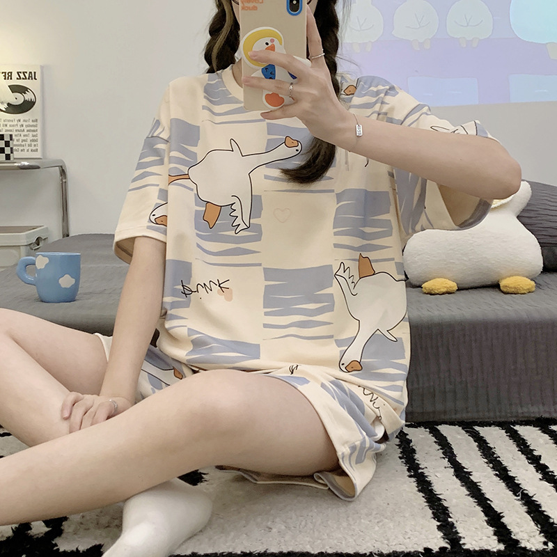 New Pajamas Women's Summer Short-sleeved Shorts Cute Cartoon Large Size Home Clothes Loose Korean Style Student Thin Summer