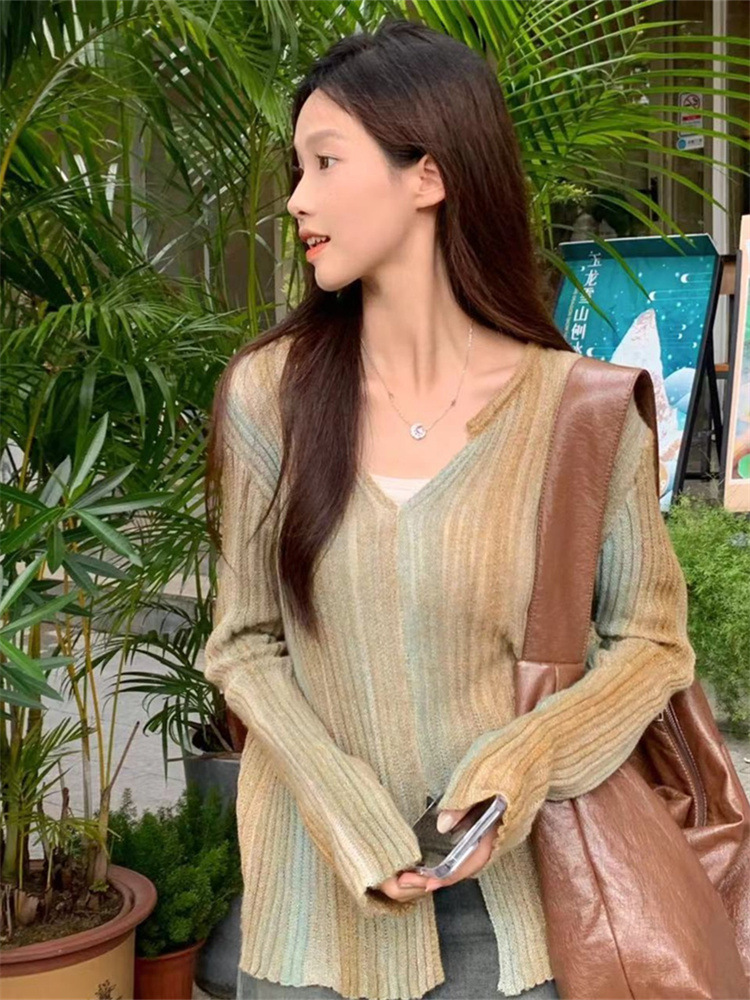 Sweet Style Gradient Tie-Dye Striped Sweater Women's Autumn and Winter Elegant V-Neck Sweater Slim-Fit Pullover All-Match Top