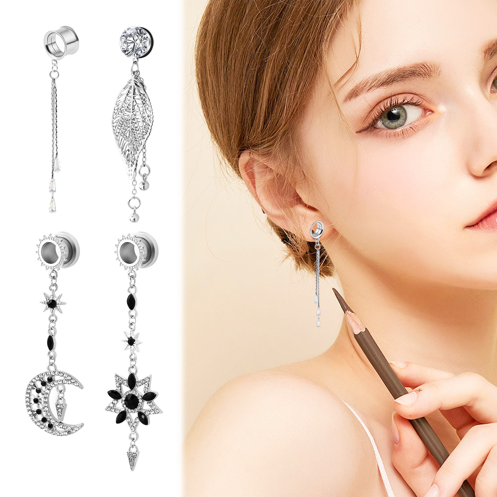 New Stainless Steel Hollow Diamond-Encrusted Pendant Ear Expander Ear Hole Jewelry Stainless Steel Ear Cartilage High-End Accessory for Men