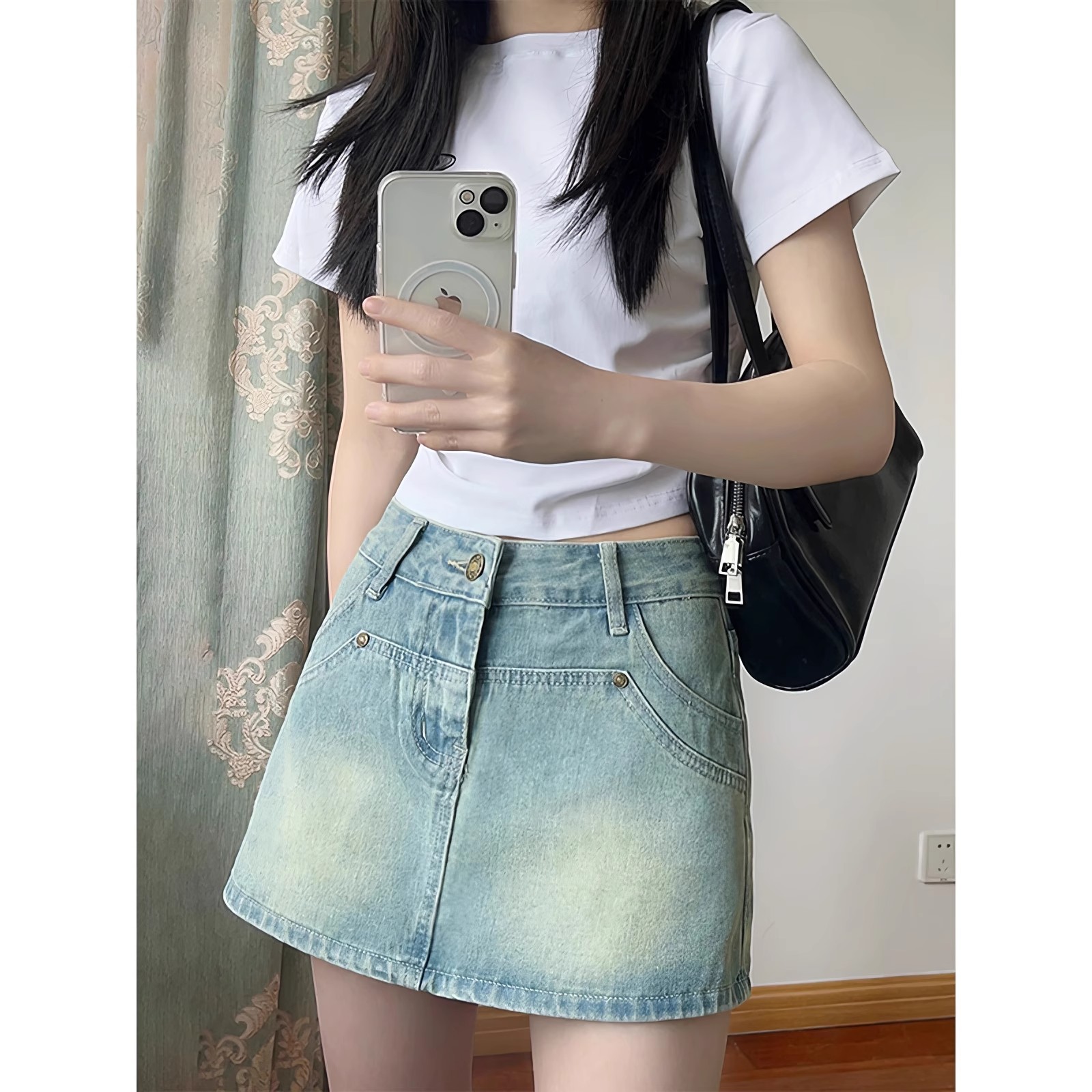 Vintage Blue Denim Short Skirt Women's Summer Thin chubby girl High Waist Belly Covering Slimming Pear Shape A- Line Bust Pants Skirt