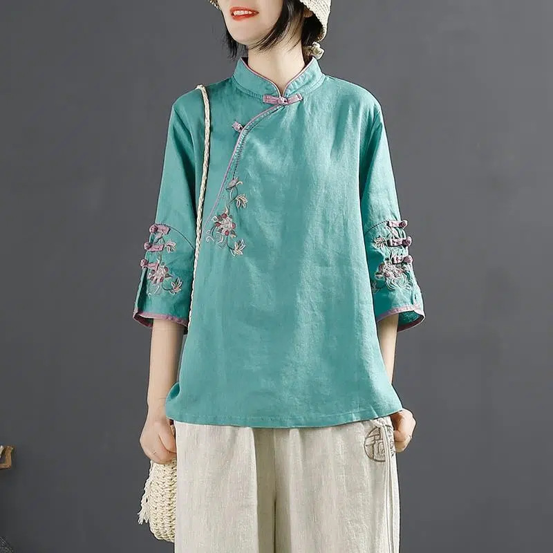 2024 New Chinese Style Vintage Cotton and Linen Shirt Women's Spring and Summer Chinese Style Vertical Collar Buckle Top Slant Placket Embroidered Tea Clothes