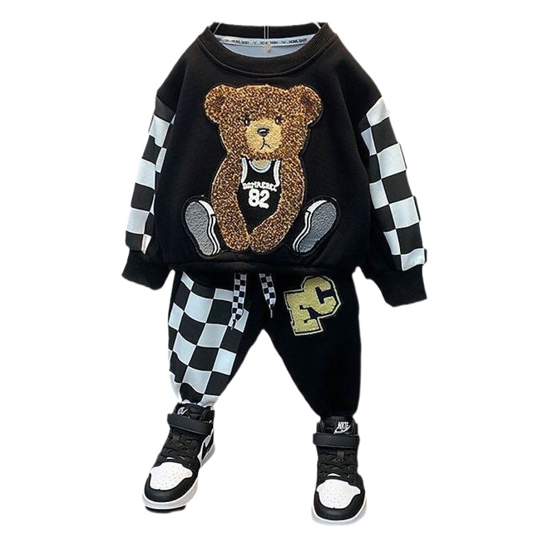 Boys' Early Rise Stitching Sports Suit 2023 New Cartoon Long-Sleeved Sweater Harem Pants Korean Casual Two-Piece Set