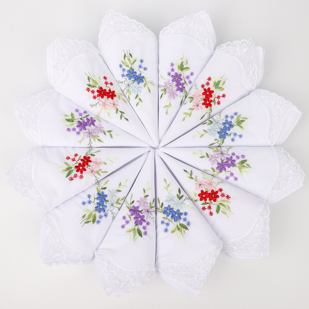 6 Pack Cotton Women's Embroidered Sweat Wipe Handkerchief Lace Handkerchief Single Flower Pack Embroidered Cotton White Handkerchief Small Square