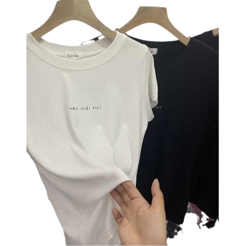 European 2024 New Arrival Spring and Summer Thread All-Match Short-Sleeved T-Shirt Women's T-Shirt Base-Layer Shirt Letter Half-Sleeved Top Ins Trendy
