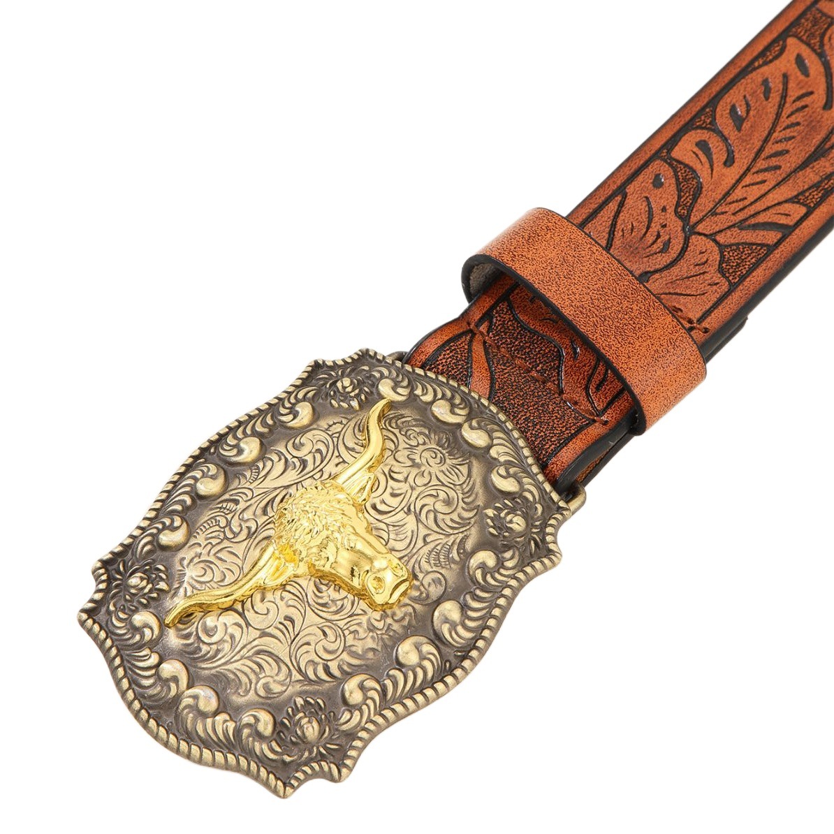 Cross-border retro Western Denim belt cow head big plate buckle Denim carved ethnic style men's punk PU leather belt