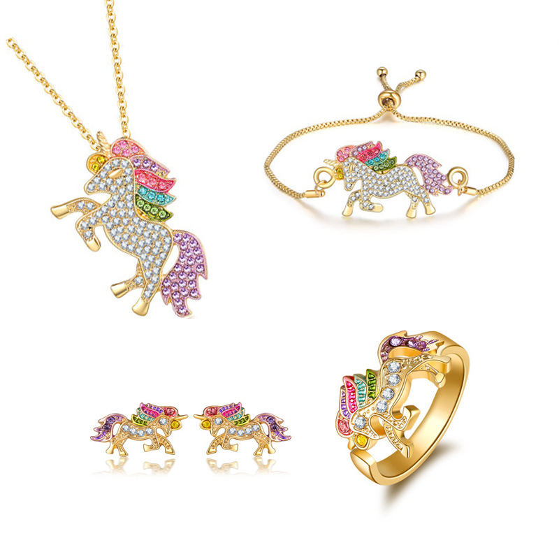 Zibi Amazon's New Unicorn Pony Ring Bracelet Necklace Earrings Colorful Pony Set Wholesale