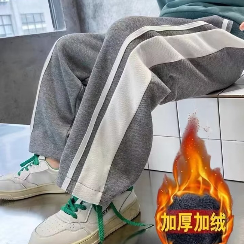 Boys' Pants Spring and Autumn Large Children's Loose Straight Wide Leg Trousers Sports Pants Chubby Boys Winter fleece-lined Sweatpants